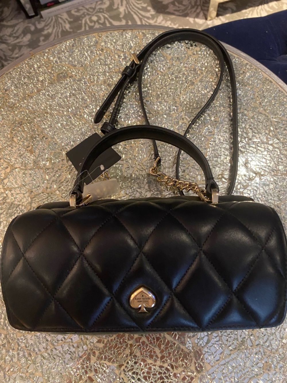 kate spade Black Quilted Leather Top-Handle Shoulder Bag with Gold Hardware